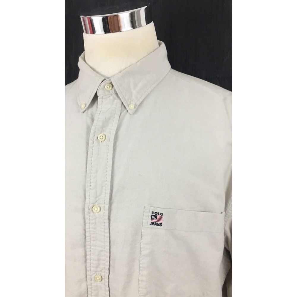 Ralph Lauren Jeans Men's Large Shirt Beige Embroidered USA Flag Vintage Rare EUC